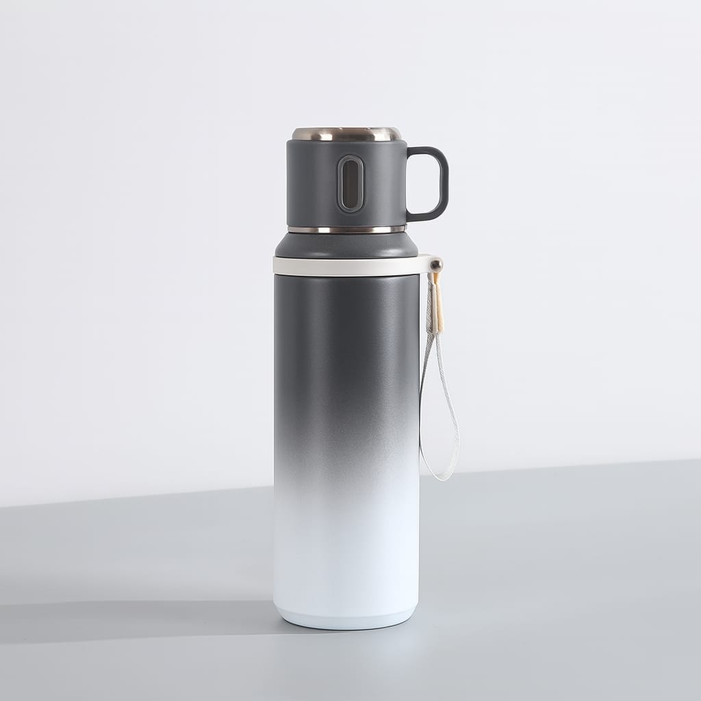 Stainless Steel Travel Flask with Handle & Cup Lid – Dual-Tone Design