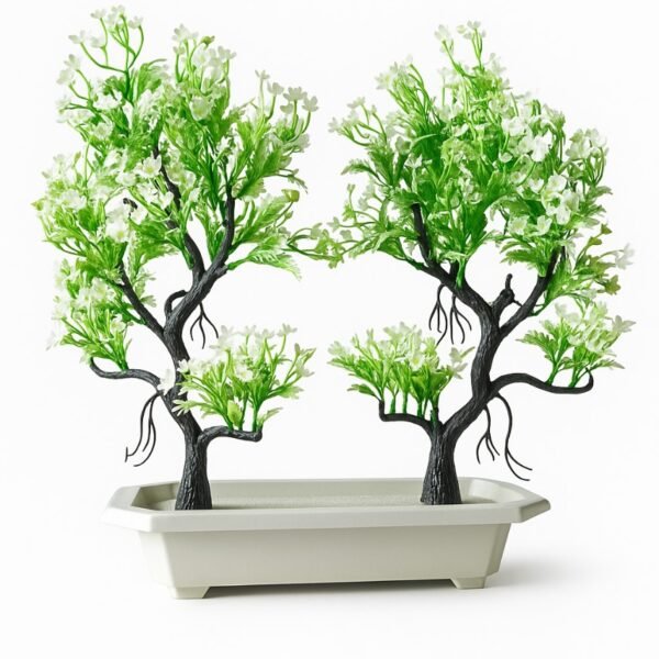 Artificial Bonsai Tree with White Flowers – Decorative Potted Plant for Home