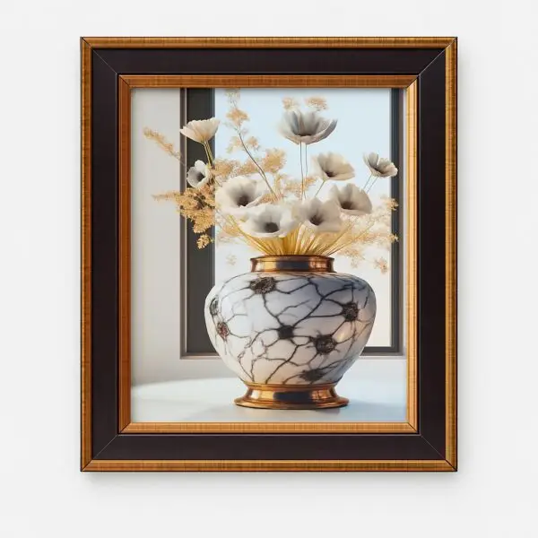 Framed Canvas Print of White Flowers in a Marble Vase.