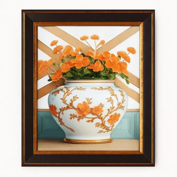 Framed Floral Vase Wall Art – Elegant Orange Flowers in Decorative Pot
