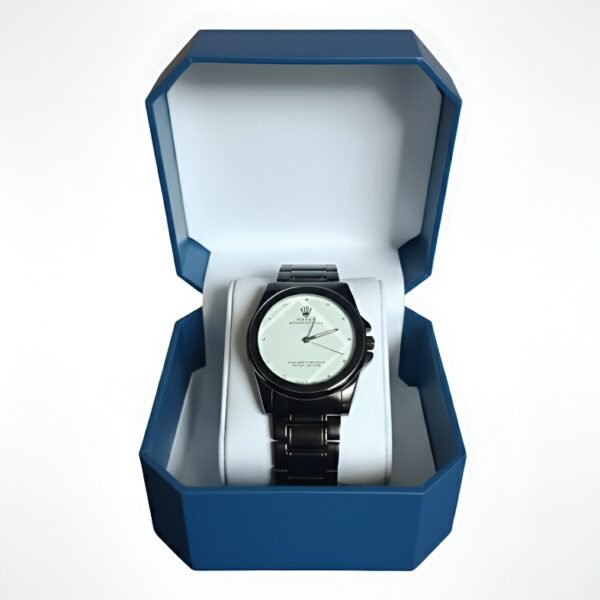 "Men’s Luxury Stainless Steel Quartz Wristwatch with White Dial – Classic Analog Watch with Gift Box"