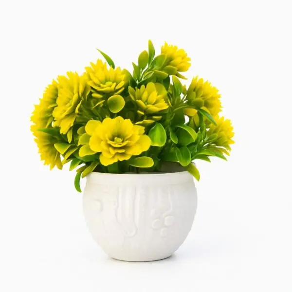 Decorative Faux Plant with Yellow Flowers in a Floral-Embossed Pot